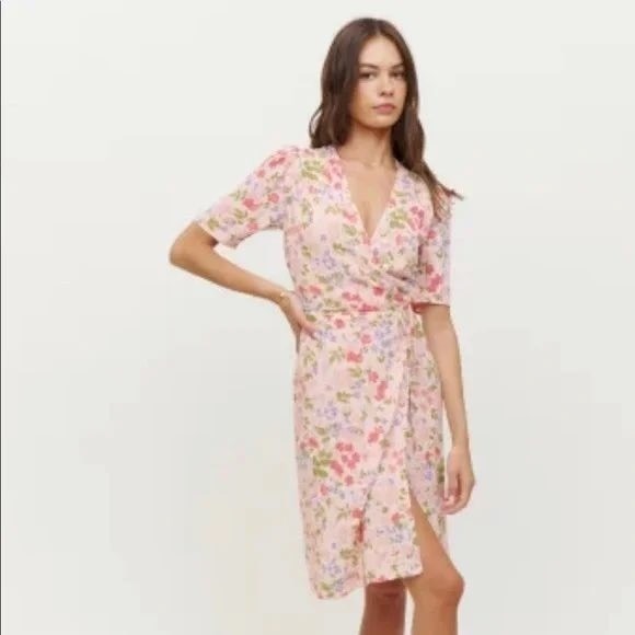 Reformation Dresses & Skirts - NWT Reformation Laurent Pink Floral Wrap Midi Dress V-Neck Size Small